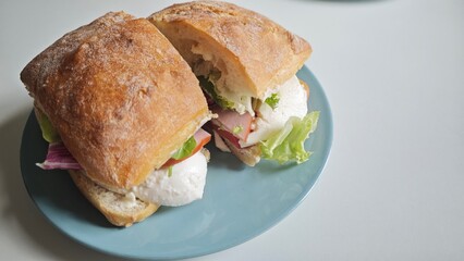 Two fresh sandwiches with mozzarella, tomato, ham and lettuce on a blue plate. Concept of homemade...
