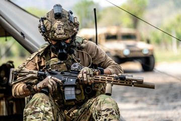 Elite Special Forces Soldier in Tactical Gear Preparing Weapon – Combat Mission Readiness Near...
