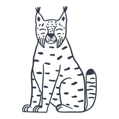 Cute lynx hand drawn design. Vector illustration of a spotted bobcat. Doodle animal elements for posters or cards