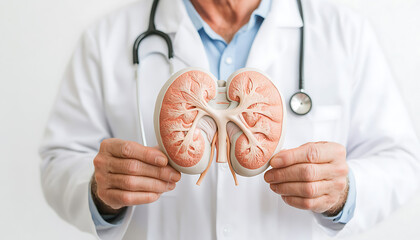 Physician demonstrating kidney model for education, diagnosis, or treatment. Medical professional with stethoscope. Ideal for healthcare concepts.
