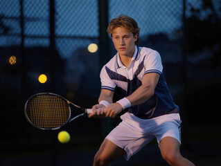 Young male tennis player in action on court during evening practice, showcasing athleticism and focus, with blurred lights creating a dynamic atmosphere