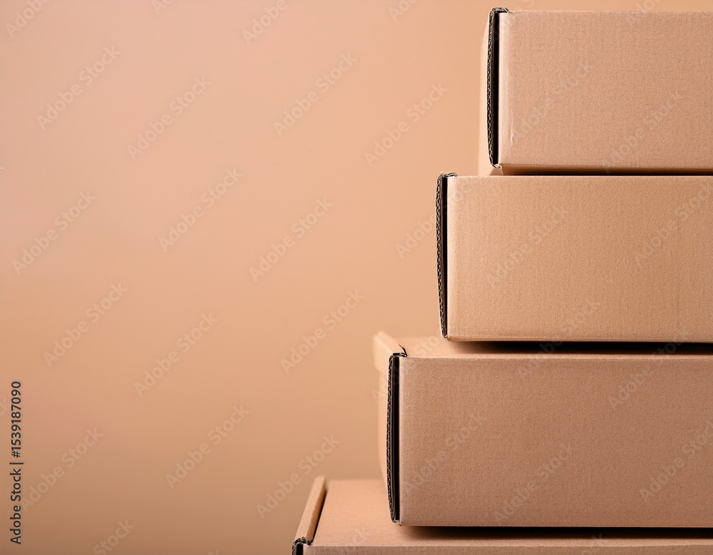 Poster stack of plain cardboard boxes aligned on the left side against a beige background useful for logist