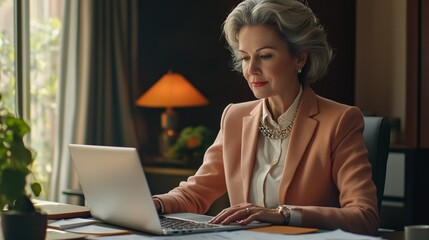 Sophisticated businesswoman working on her laptop in a stylish office, exuding professionalism and focus. The warm ambiance enhances her concentration.