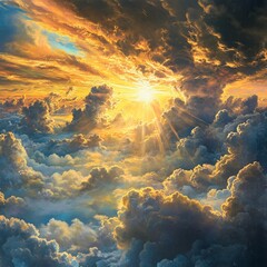Breathtaking sunset illuminating a dramatic sky filled with vibrant colors and billowing clouds, creating a serene and majestic atmosphere that inspires awe and wonder.