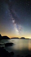 A breathtaking view of the night sky showcasing the Milky Way, perfectly illuminated over the tranquil ocean, casting an enchanting glow on the landscape.