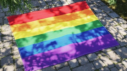 A vibrant rainbow flag lying on a cobblestone pathway, showcasing its colorful stripes and casting unique shadows from nearby trees, symbolizing pride and diversity.