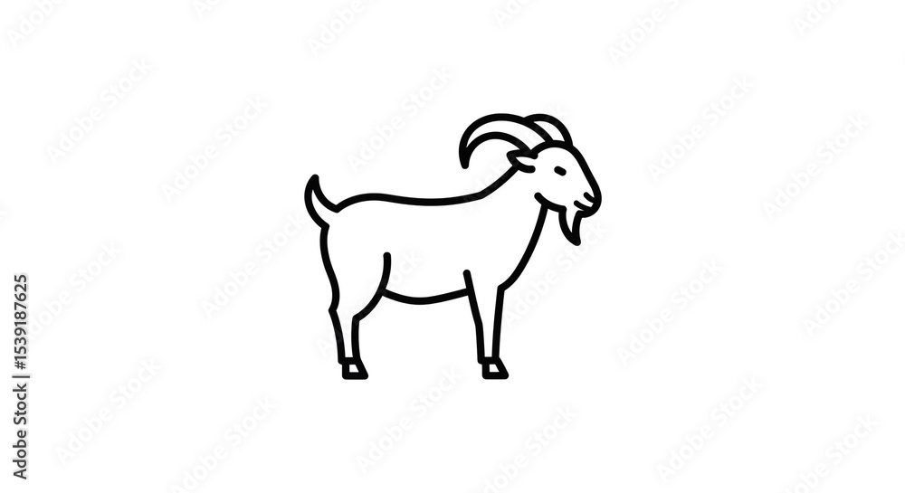 Poster a simple line drawing of a goat with curved horns and a small tail standing on a white background sp