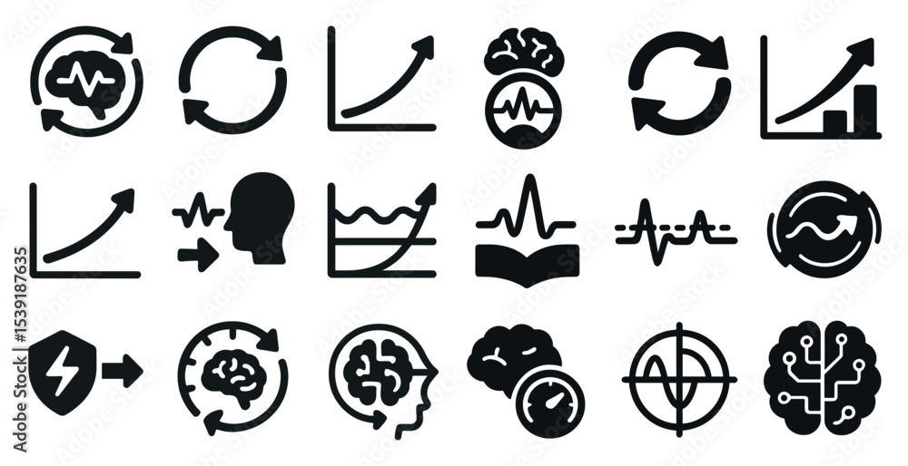 Poster collection of black and white icons that represent various concepts such as graphs, brains, and spee