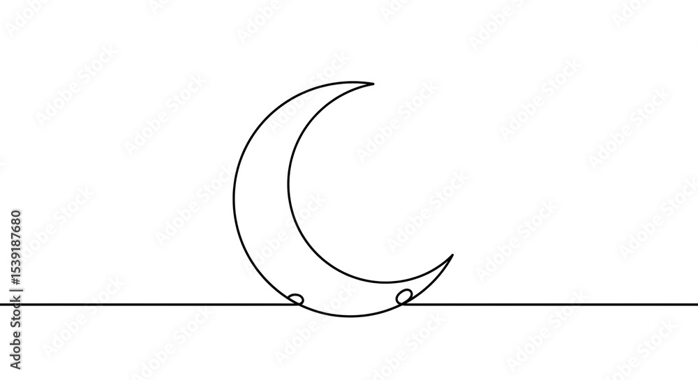 Poster a minimalistic line drawing of a crescent moon with a horizontal line below it on white background