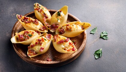 baked stuffed pasta shells with cheese and bacon on wooden plate