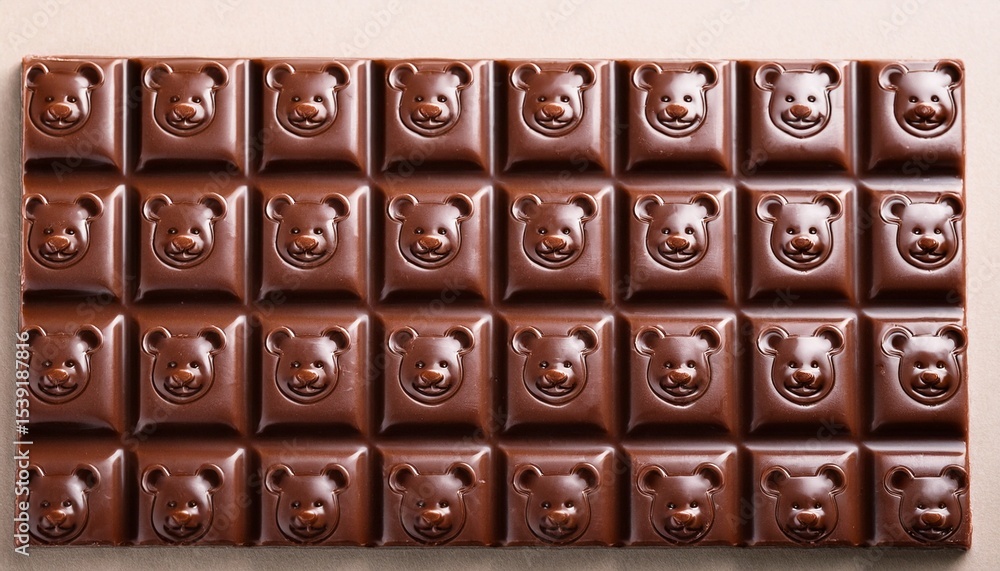 Aufkleber close up of a chocolate bar with molded bear faces on each piece neatly arranged in a grid pattern p