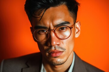 Portrait of a serious man with short dark hair wearing round glasses, a trimmed beard, and a blazer. His intense gaze is fixed on the camera while the image radiates vibrancy