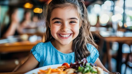 Joyful young girl enjoying a colorful meal at a restaurant, radiating happiness with her bright smile and cheerful blue top