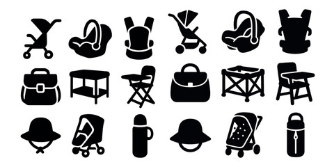 Obraz premium Collection of baby items including strollers, car seats, and baby carriers. The items are all black and white