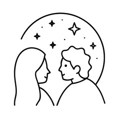 Romantic couple silhouetted against a starry night sky