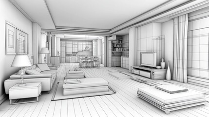 Interior design sketch of a modern open-plan living area.