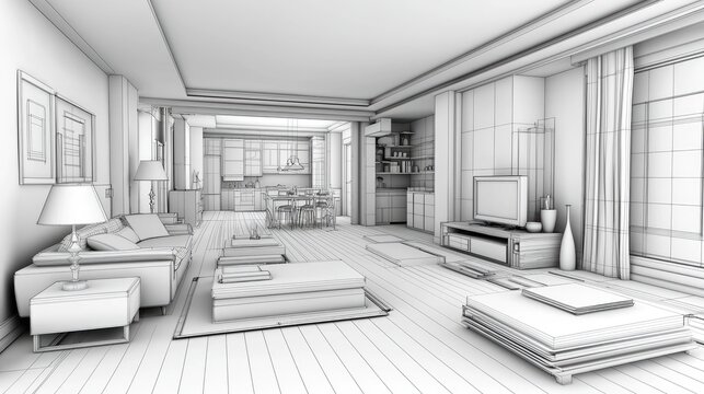 Interior design sketch of a modern open-plan living area.