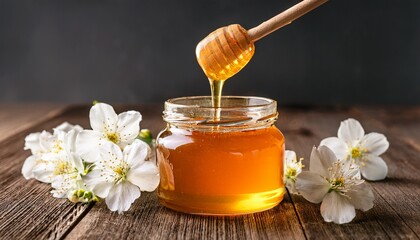 honey dripping from dipper into glass jar surrounded by white flowers