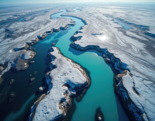 Fototapeta premium Turquoise river flowing through snowy landscape, aerial view