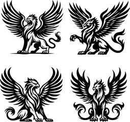 Obraz premium set of four minimalist black and white griffin with spread wings and bold lines, ideal for tattoo or fantasy use.
