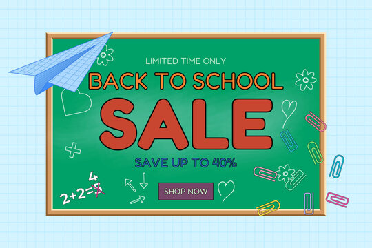 Back to school sale banner with green chalkboard, flying paper plane, and colorful paper clips on graph background. For seasonal promotion, shopping advertisement, online store, or marketing material.