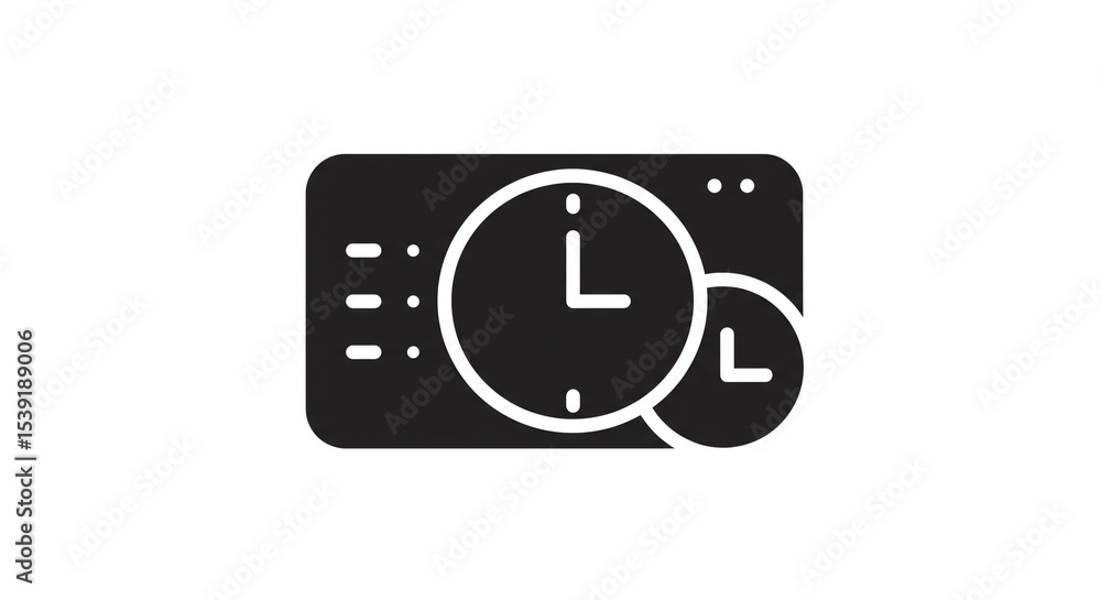 Poster a black and white illustration showing two clocks on a panel with lines and dots on the left side