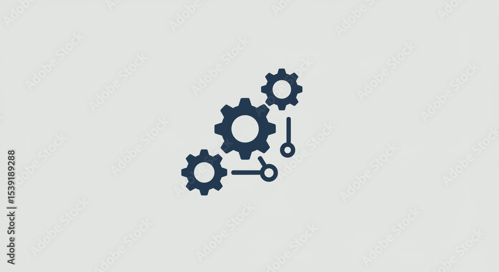 Poster a graphic illustration of three gears connected by lines on a light gray background in simple style