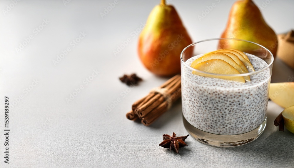 Poster chia pudding with pear slices and cinnamon on light background