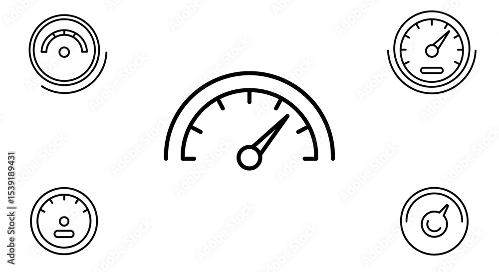 Aufkleber a collection of five speedometer icons arranged on a white background in a simple line drawing style
