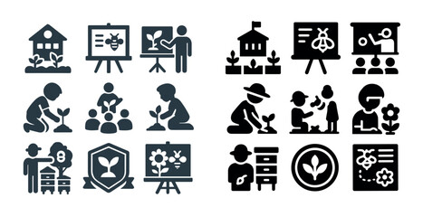 Set of black and white icons that represent various activities related to gardening and nature. The icons include a man planting a seed, a woman tending to a garden