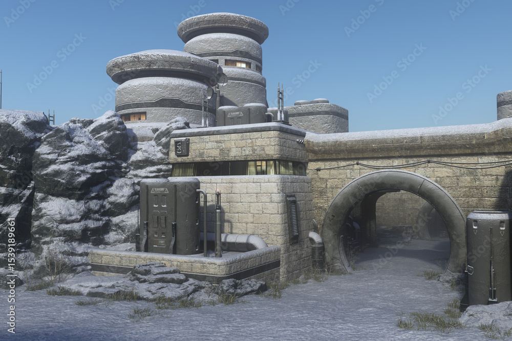 Poster fantasy remote sci-fi outpost in a frozen landscape. 3d render.