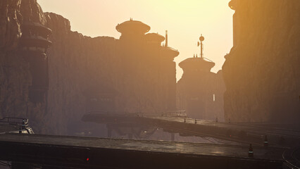 Fantasy future sci-fi base in a mountainous landscape with dramatic cinematic lighting. 3D illustration.