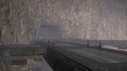 Futuristic science fiction environment background with metal bridge leading to an entrance in the side of a mountain. 3D render.