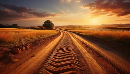 Naklejka premium golden hour dirt road with tire tracks