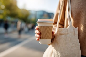 Person enjoys coffee while walking in a busy urban area during the morning