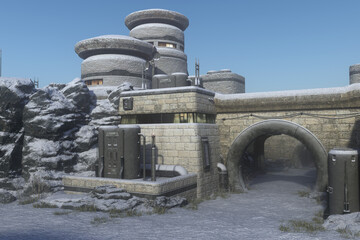 Fantasy remote sci-fi outpost in a frozen landscape. 3D render.