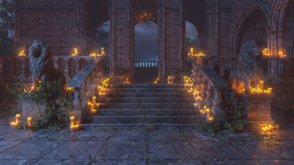 Stone staircase guarded by two lion statues and lit by candles in a gothic medieval castle. 3D render.