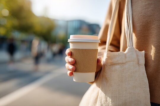 Person enjoys coffee while walking in a busy urban area during the morning