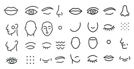 Collection of faces and body parts in black and white. The faces are drawn in a stylized way, and the body parts are drawn in a similar style. Scene is one of simplicity and minimalism