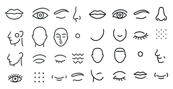 Collection of faces and body parts in black and white. The faces are drawn in a stylized way, and the body parts are drawn in a similar style. Scene is one of simplicity and minimalism