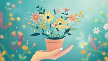 Happy carefree lifestyle, nature appreciation, artistic hand-drawn , pot with colorful flowers in a blue background.