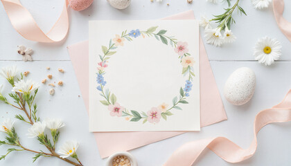 Floral wreath design on pink background with eggs and ribbon