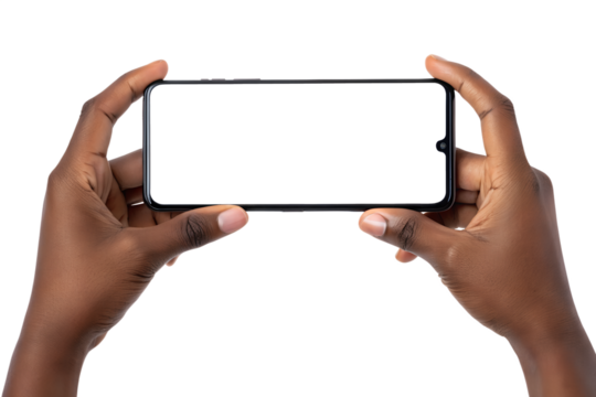 Hands Holding Smartphone with Blank Screen, Dark Background isolated on transparent background