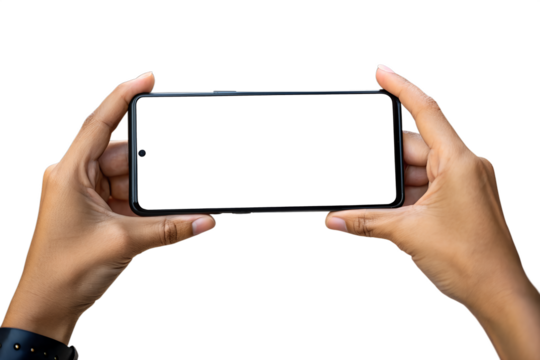 Hands Holding Smartphone with Blank Screen isolated on transparent background