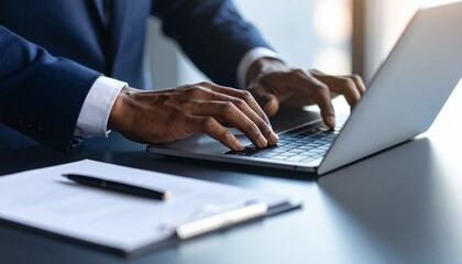 An office worker typing on a laptop keyboard with a business document and a ballpoint pen next to him