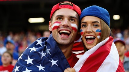 Two fans wrapped in American flag at stadium cheer with joy. Diverse ethnicities, team hats, and face paint show unity and passion under bright game lights