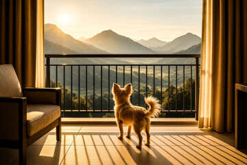Dog friendly hotel. Small dog standing on a balcony admiring the serene mountain landscape at sunrise for travel advertisement fillustration