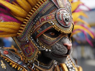Intricate costume featuring feline face with ornate tribal headdress adorned with colorful feathers and metallic decorations; detailed craftsmanship and vibrant colors captivate the eye