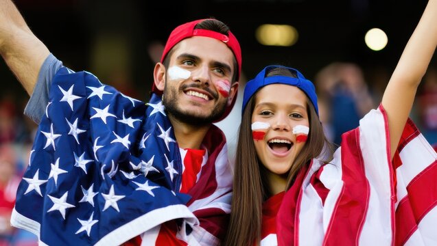Two fans wrapped in American flag at stadium cheer with joy. Diverse ethnicities, team hats, and face paint show unity and passion under bright game lights