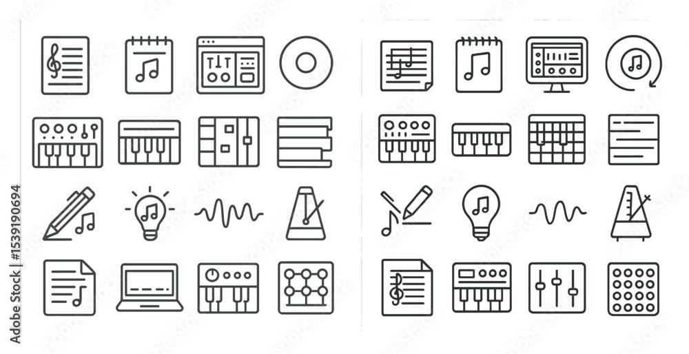 Poster set of icons for music and writing. the icons include a keyboard, a pen, a notebook, a computer, and